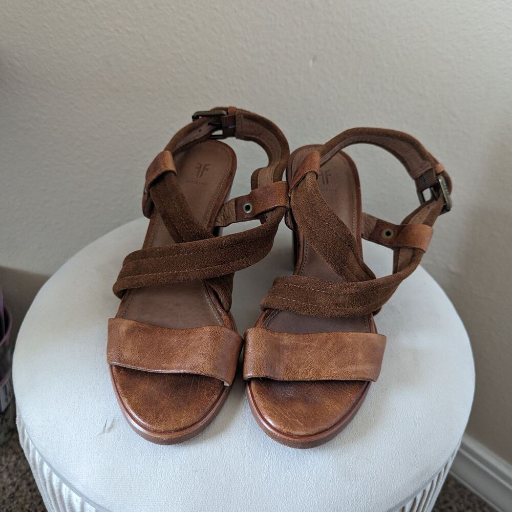 Frye Cam Suede Tan Leather Buckle Strap Heels size Women's 7